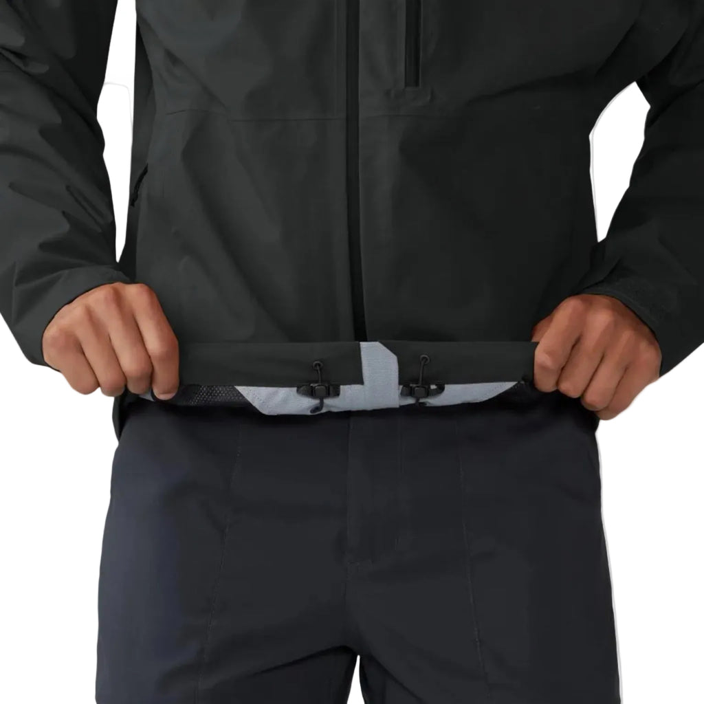 Mountain Hardwear men’s Stretch Ozonic Rain Jacket in Black hem detail view