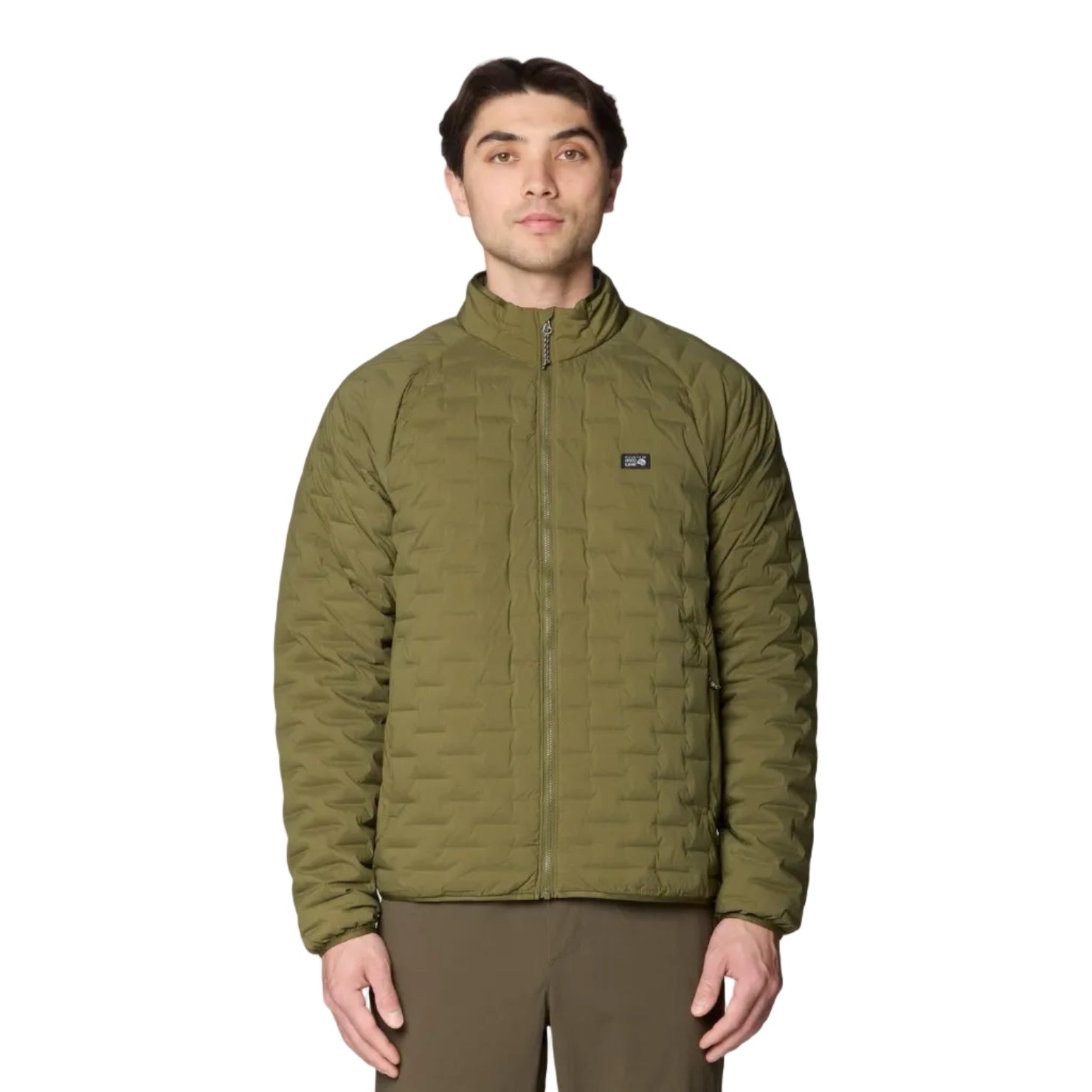 Front view of Mountain Hardwear Men’s StretchDown Light Jacket in Combat Green
