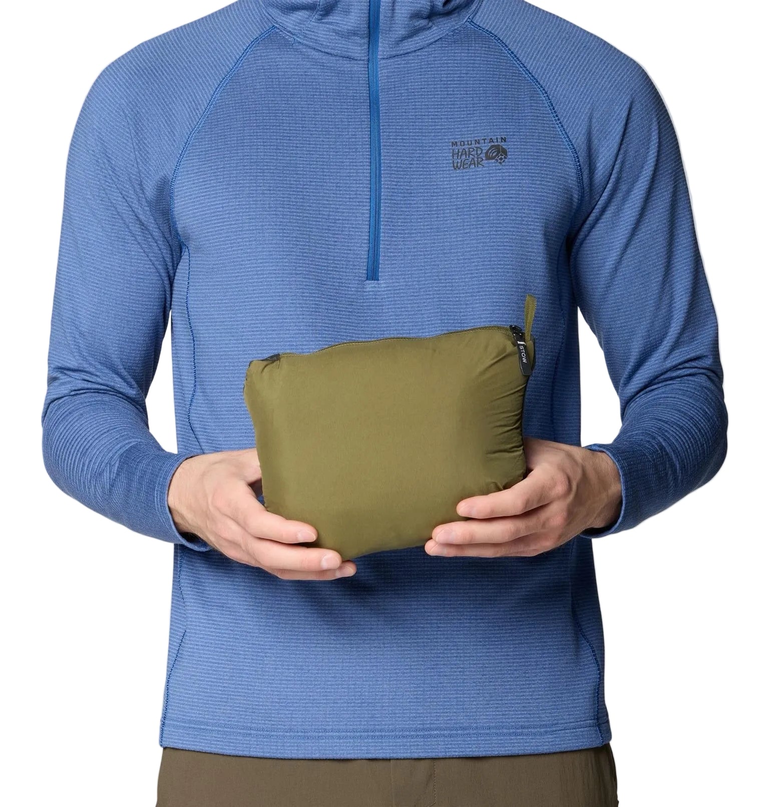 Detail pack view of the narrow stretch baffles on Mountain Hardwear Men’s StretchDown Light Jacket in Combat Green