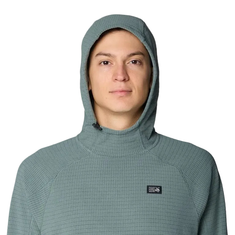 Detail hood view of the grid fleece on Mountain Hardwear Men’s Summit Grid Hoody in Thunderhead Grey