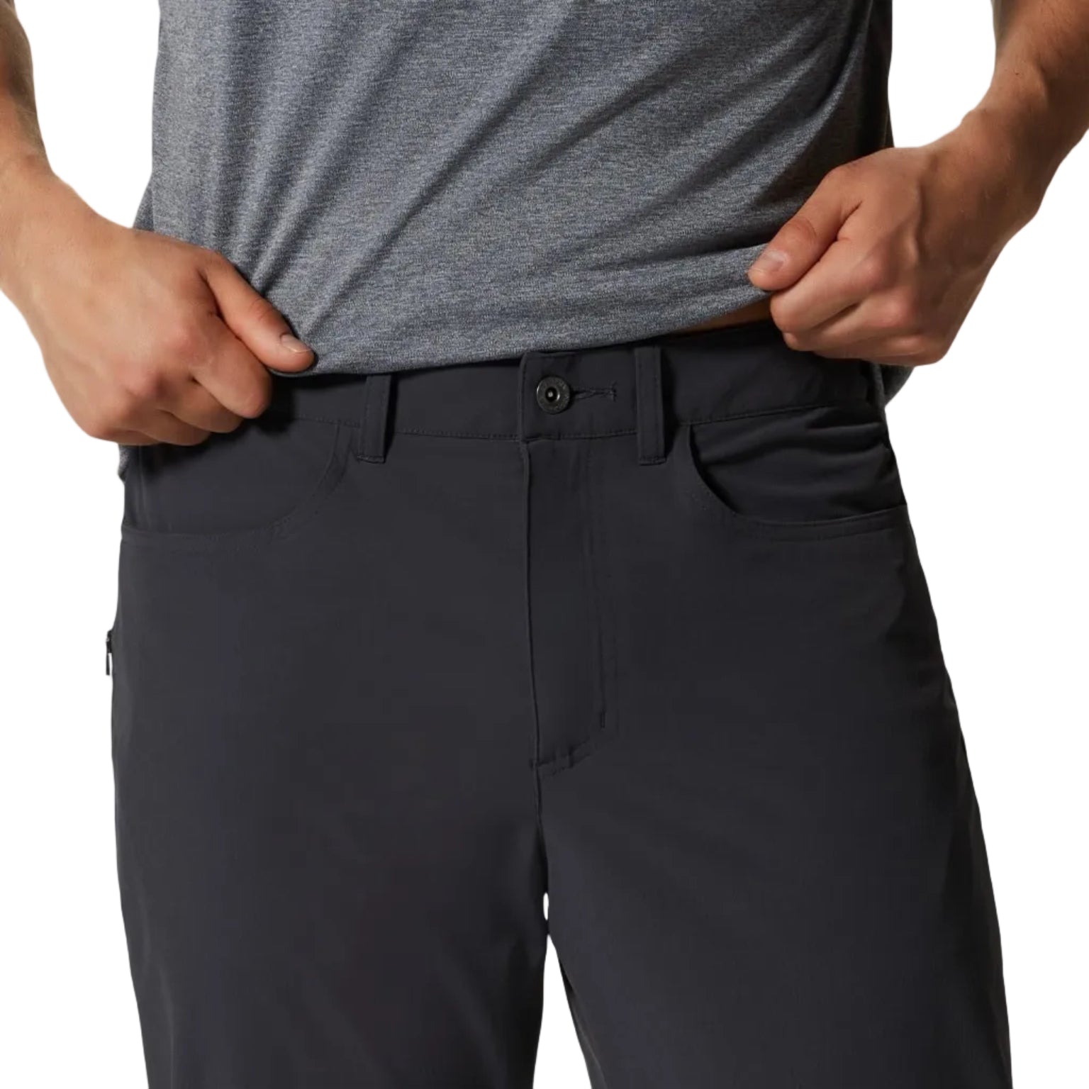 Detail view of the softshell fabric and waist on Mountain Hardwear Men’s Yumalino Lined Pant in Dark Storm