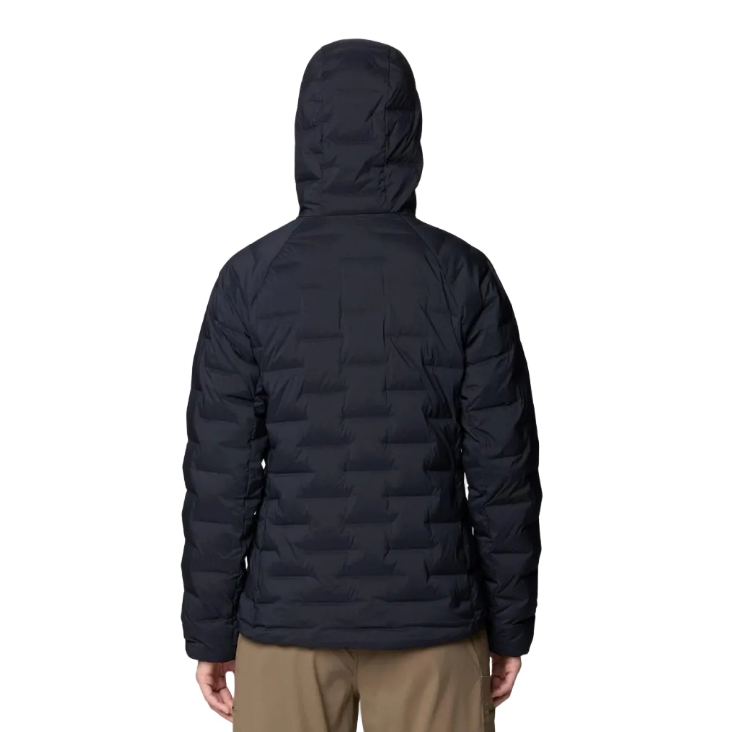 Back view of Mountain Hardwear Women’s StretchDown Hooded Jacket in Black
