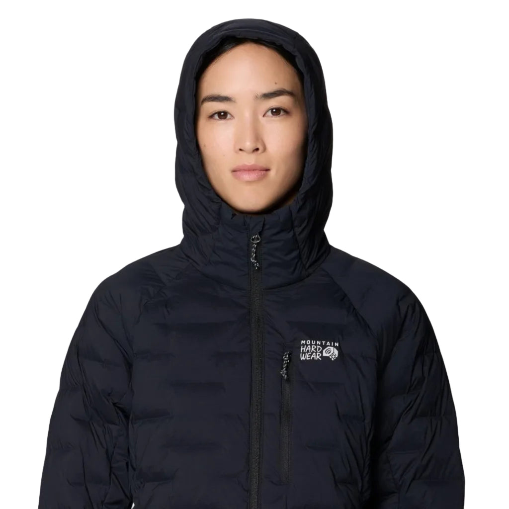 Detail hooded view of the stretch baffles on Mountain Hardwear Women’s StretchDown Hooded Jacket in Black