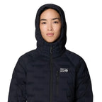 Detail hooded view of the stretch baffles on Mountain Hardwear Women’s StretchDown Hooded Jacket in Black