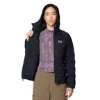 Detail lining view of the stretch baffles on Mountain Hardwear Women’s StretchDown Hooded Jacket in Black