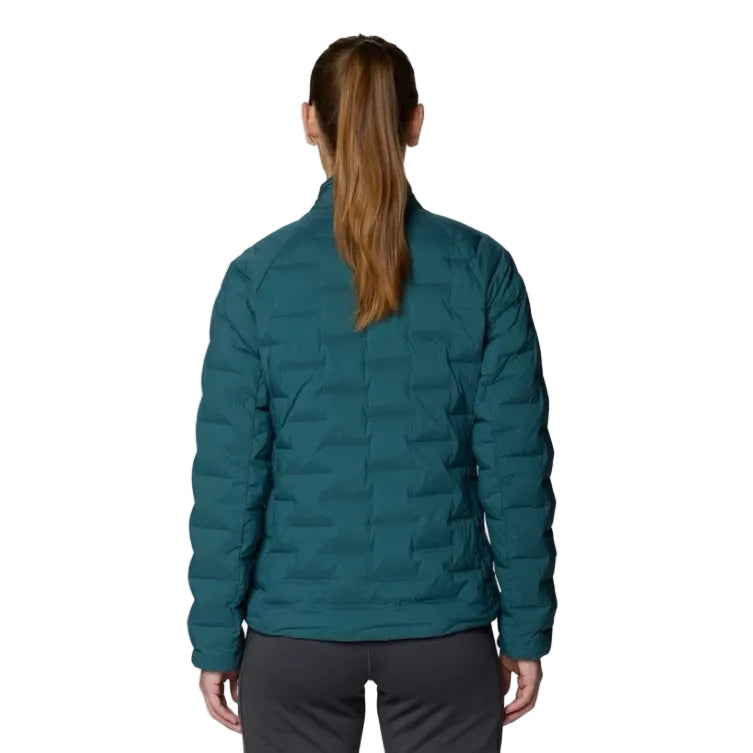 Back view of Mountain Hardwear Women’s StretchDown Jacket in Aqua Green