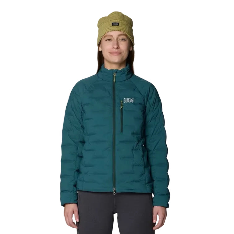 Front view of Mountain Hardwear Women’s StretchDown Jacket in Aqua Green