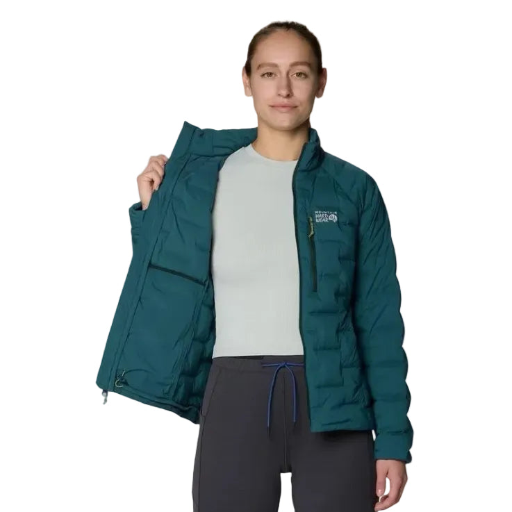 Detail lining view of the stretch baffles on Mountain Hardwear Women’s StretchDown Jacket in Aqua Green