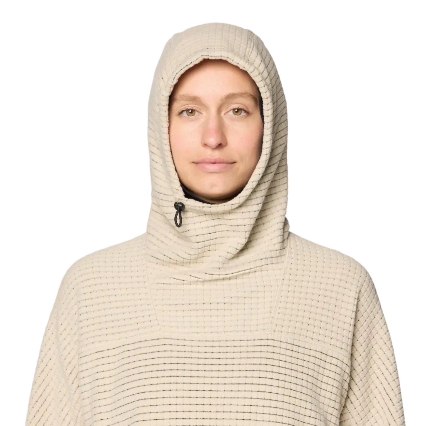 Detail view of the grid fleece on Mountain Hardwear Women’s Summit Grid Big Grid Hoody in Fossil