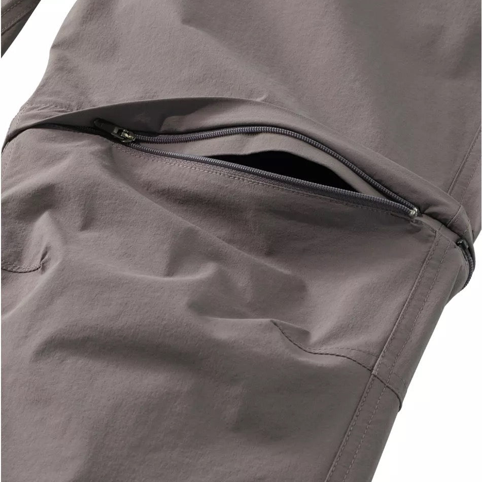 Close-up of the No Fly Zone Zip-Off Pants in Dark Silt showing stretch nylon-spandex fabric and zip-off leg detail