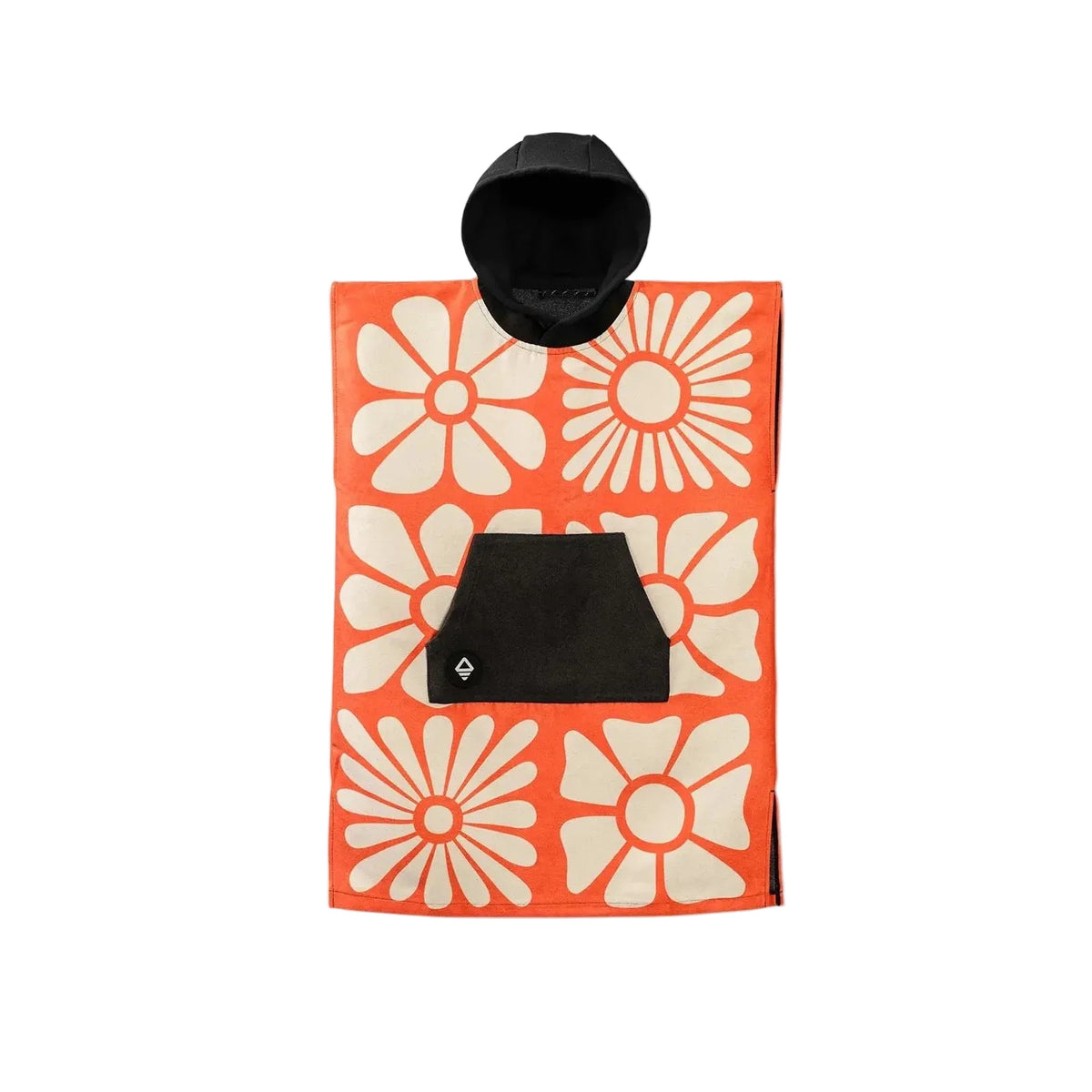 Front view of Nomadix Big Kid Changing Poncho in Big Flowers Expedition Orange with bold floral design