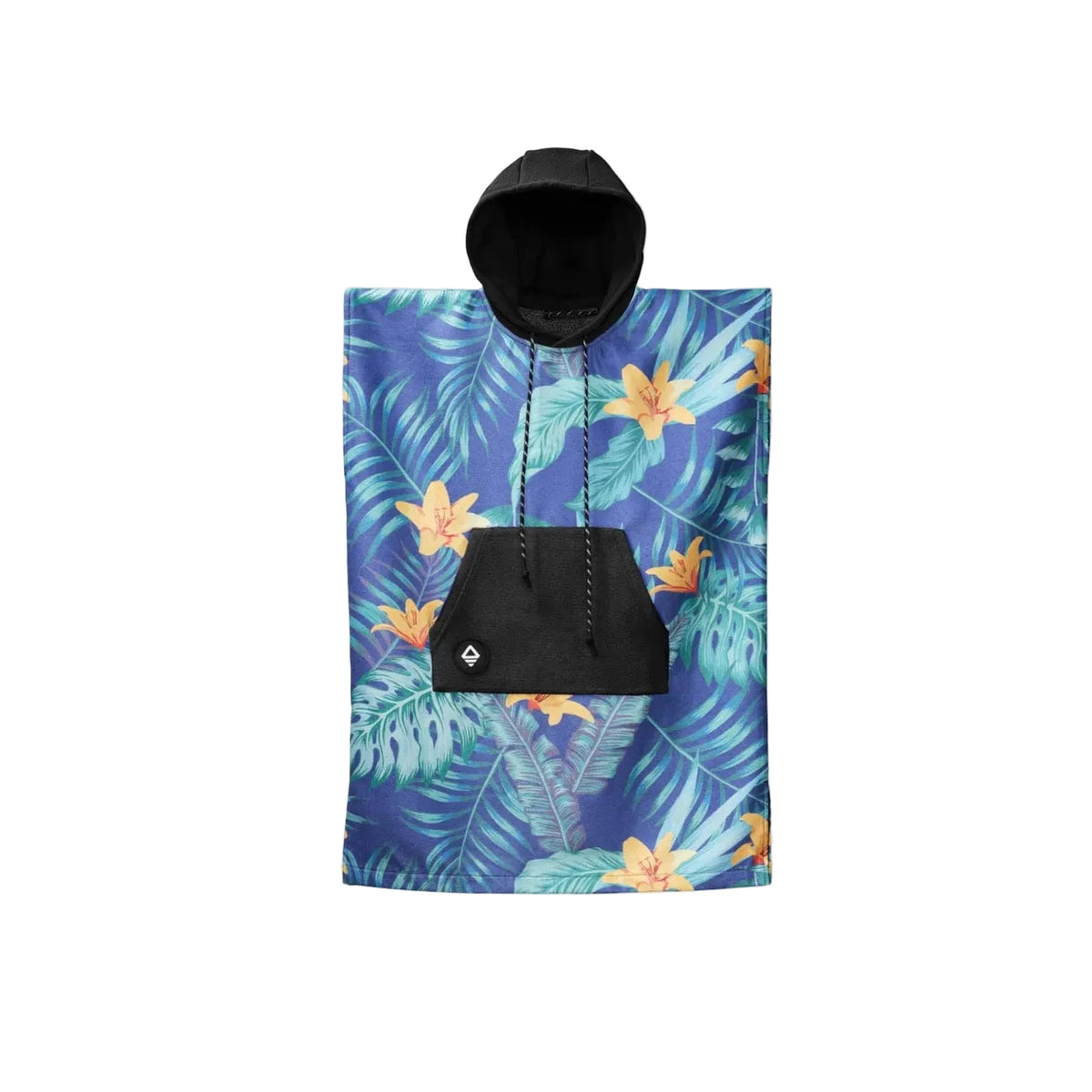 Front view of Nomadix Big Kid Changing Poncho in Palms Dusk with tropical palm print and hood