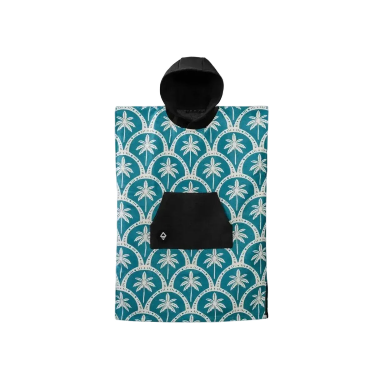 Front view of Nomadix Big Kid Changing Poncho in Palms Resort Teal Ocean featuring tropical palm pattern
