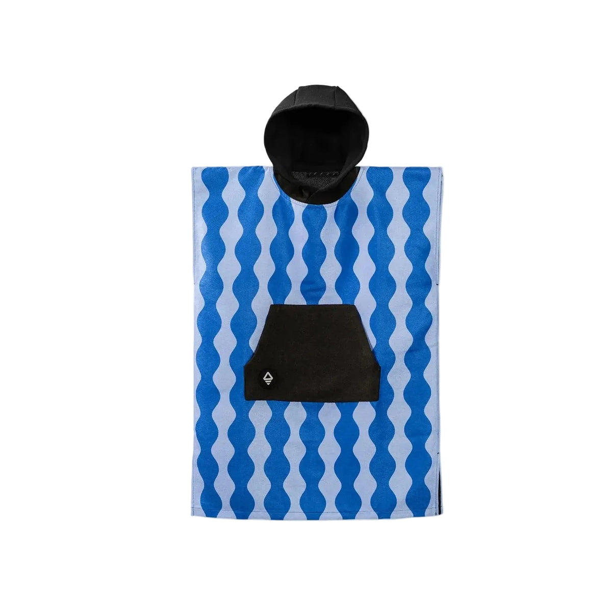 Front view of Nomadix Big Kid Changing Poncho in Slack Tide Coastal Blue with hood and front pocket