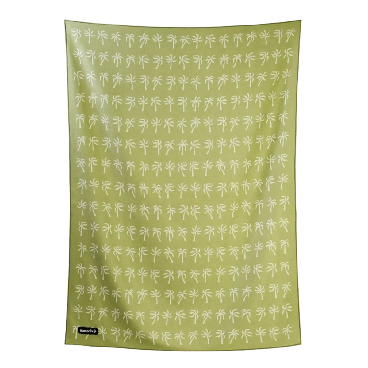 Front view of Nomadix Blanket Towel in Breezy Palms Olive featuring tropical palm design