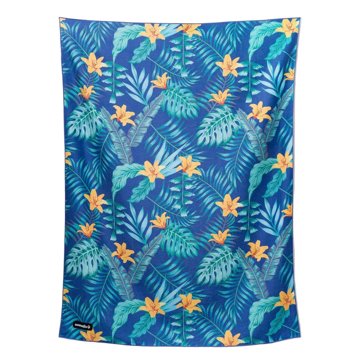 Front view of Nomadix Blanket Towel in Palms Dusk featuring a tropical palm pattern