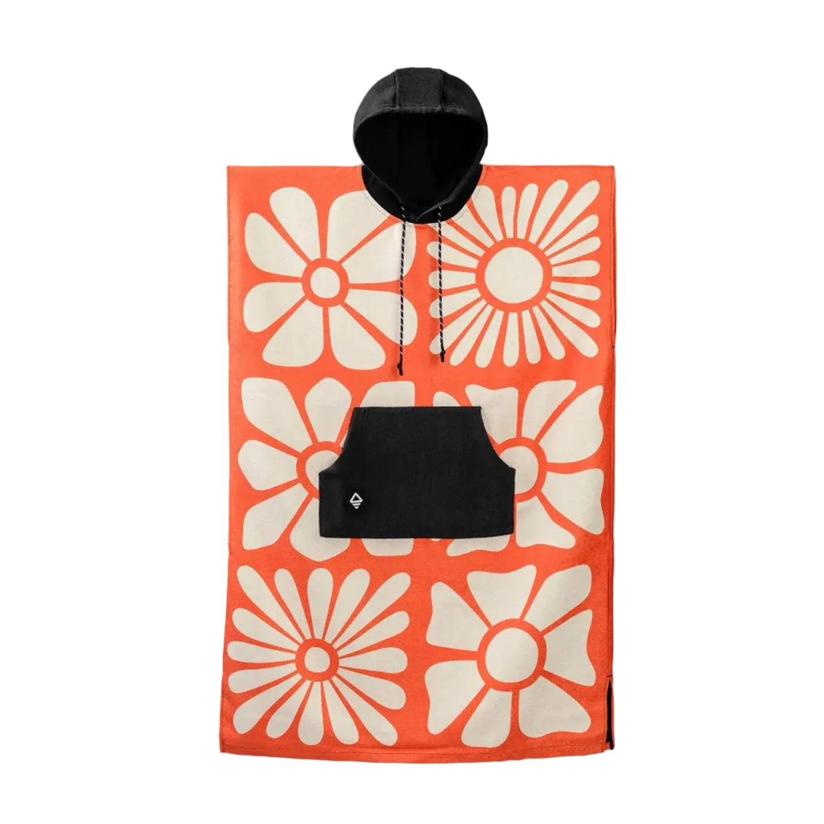Front view of Nomadix Changing Poncho in Big Flowers Expedition Orange with hood and front pocket
