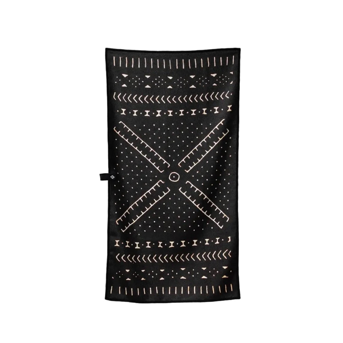 Front view of Nomadix Fitness Towel in Mud Cloth featuring black and cream geometric pattern