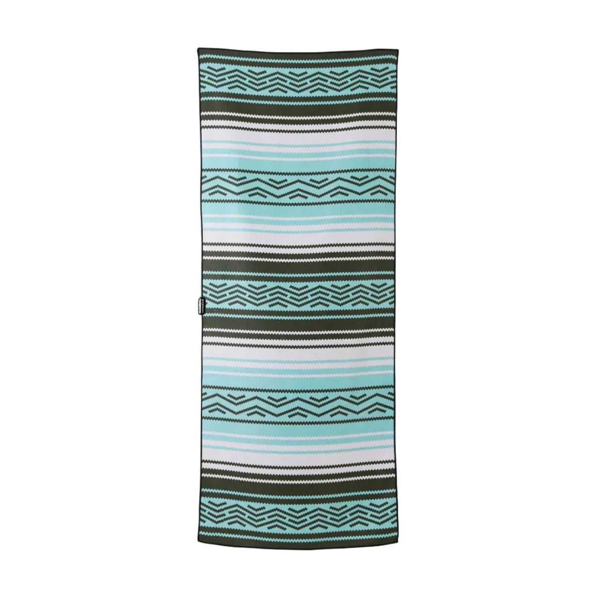 Front view of Nomadix Original Towel in Baja Aqua featuring aqua, black and white geometric stripes