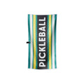 Front view of Nomadix Pickleball Towel in Pickleball Green featuring green, yellow, black and white geometric design
