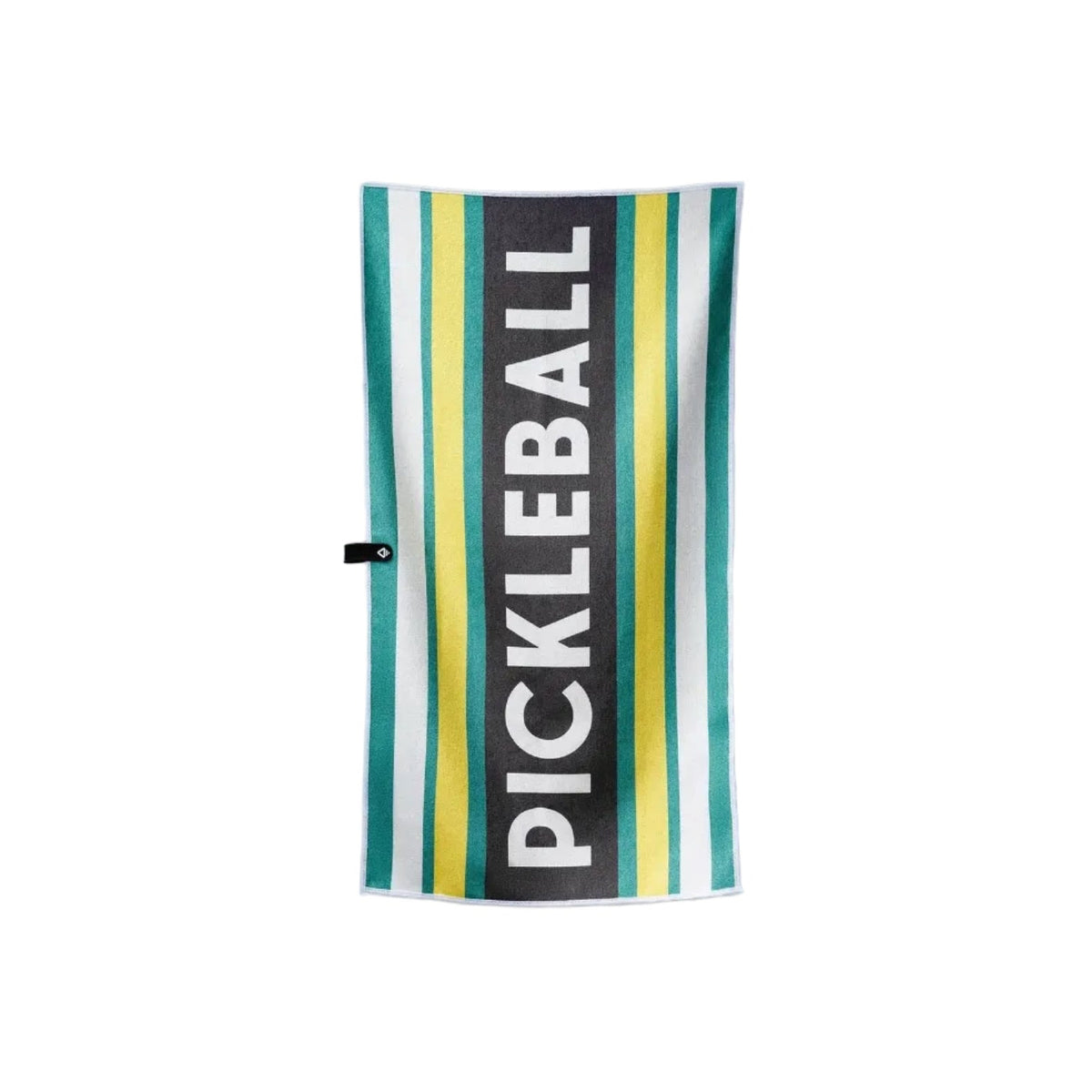 Front view of Nomadix Pickleball Towel in Pickleball Green featuring green, yellow, black and white geometric design