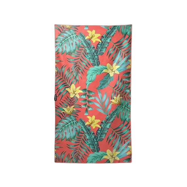 Front view of Nomadix Ultralight Towel in Palms Coral featuring a colorful tropical palm pattern