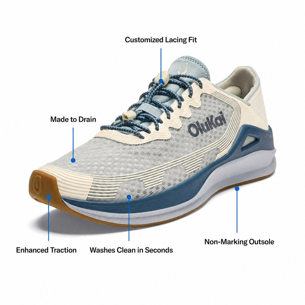 Detail view of OluKai ‘Ahi men’s performance marine shoe in Pearl/White Sand