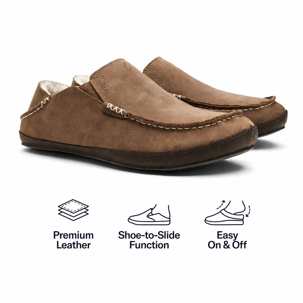 Detailed view of the waxed nubuck leather and genuine shearling on the men’s Moloā Slipper in Toffee/Dark Wood