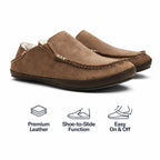 Detailed view of the waxed nubuck leather and genuine shearling on the men’s Moloā Slipper in Toffee/Dark Wood
