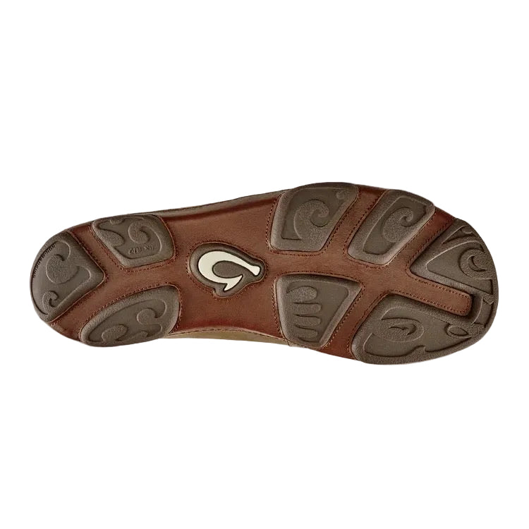 Sole view of OluKai Moloa men’s leather slip-on shoe in Ray/Toffee