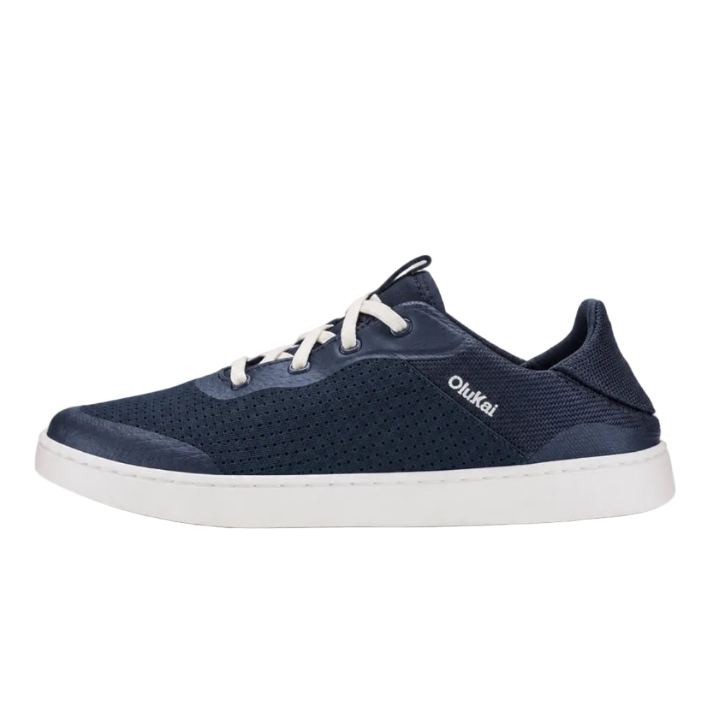 Side view of women’s OluKai Kahakai boat shoes in Trench Blue/Trench Blue