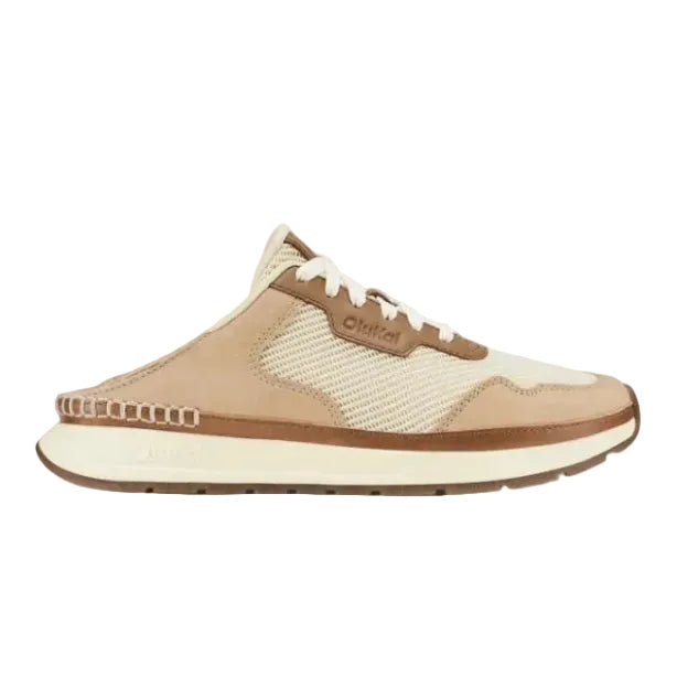 Side view of OluKai women’s Koke sneaker in White Sand/Sand with heel option
