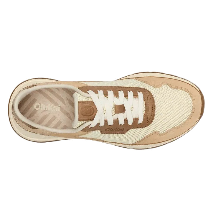 Top view of OluKai women’s Koke lace-up sneaker in White Sand/Sand