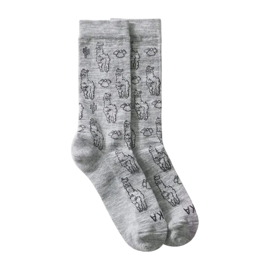PAKA Essential Sebastian Crew Socks in Light Grey with alpaca, mountain and cactus pattern