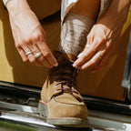 PAKA Essential Sebastian Crew Socks in Timber with alpaca, mountain and cactus pattern lifestyle view