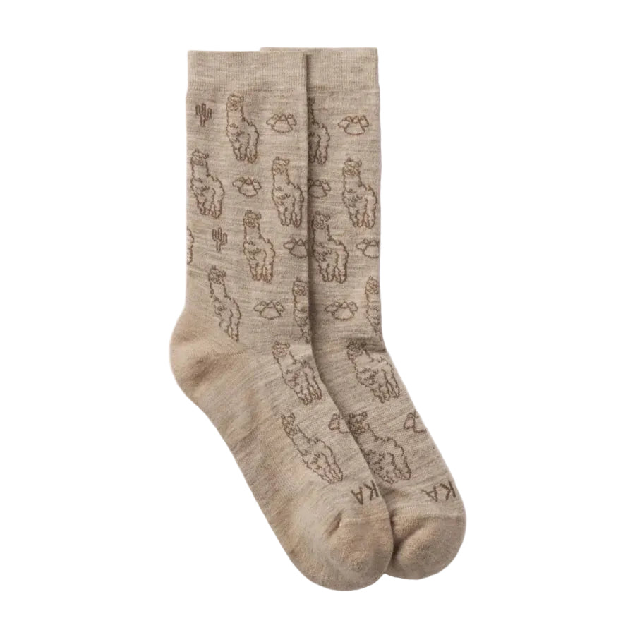 PAKA Essential Sebastian Crew Socks in Timber with alpaca, mountain and cactus pattern