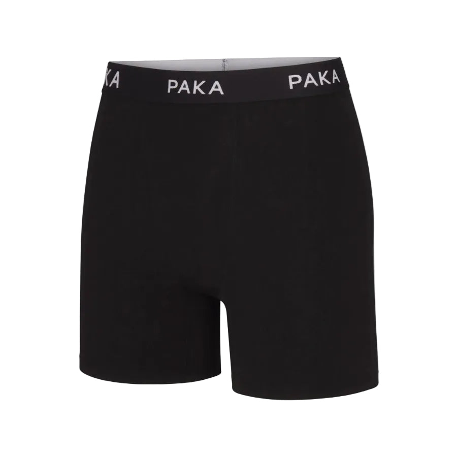 PAKA Men's Essential Boxer Brief in Black front view with branded elastic waistband