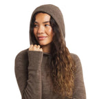 PAKA Women's Hoodie in Fossil showing ribbed knit, hoodie and thumbhole cuff detail