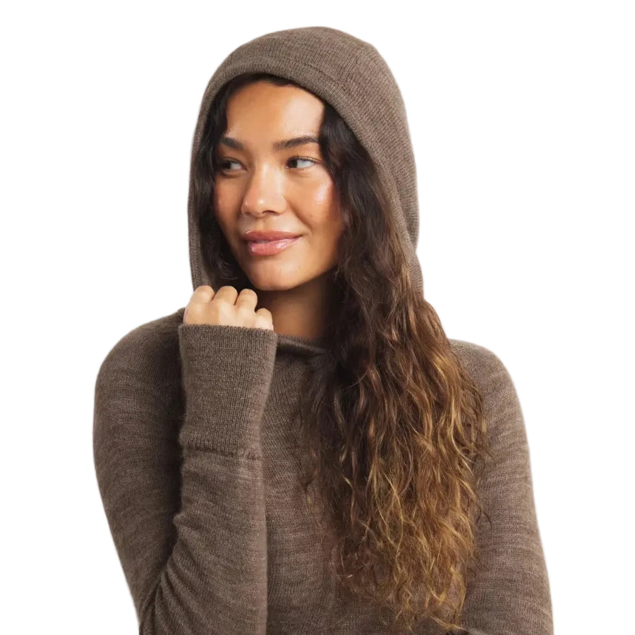 PAKA Women's Hoodie in Fossil showing ribbed knit, hoodie and thumbhole cuff detail