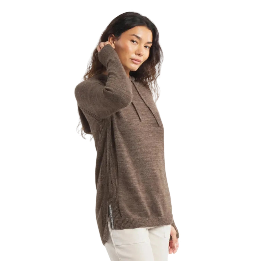 PAKA Women's Hoodie in Fossil side view showing longer hem