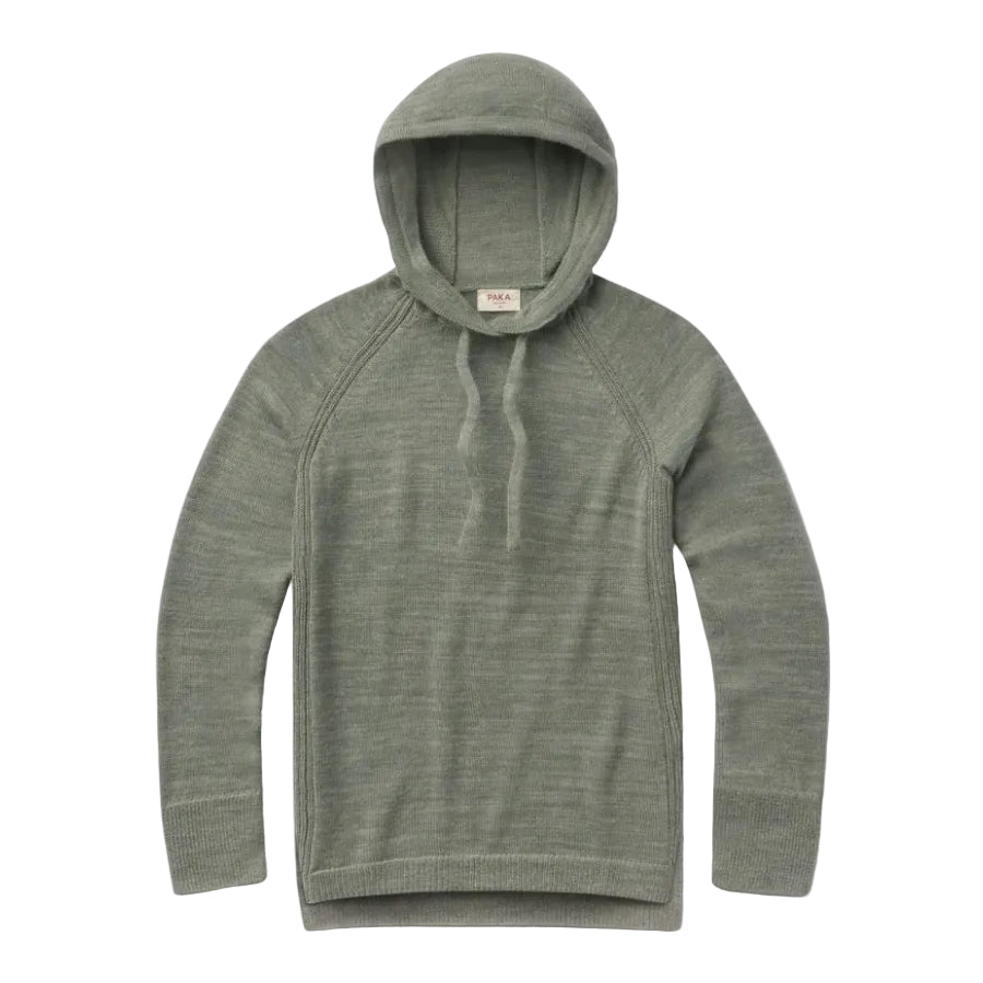 PAKA Women's Hoodie in Willow front view with drawstring hood and ribbed cuffs