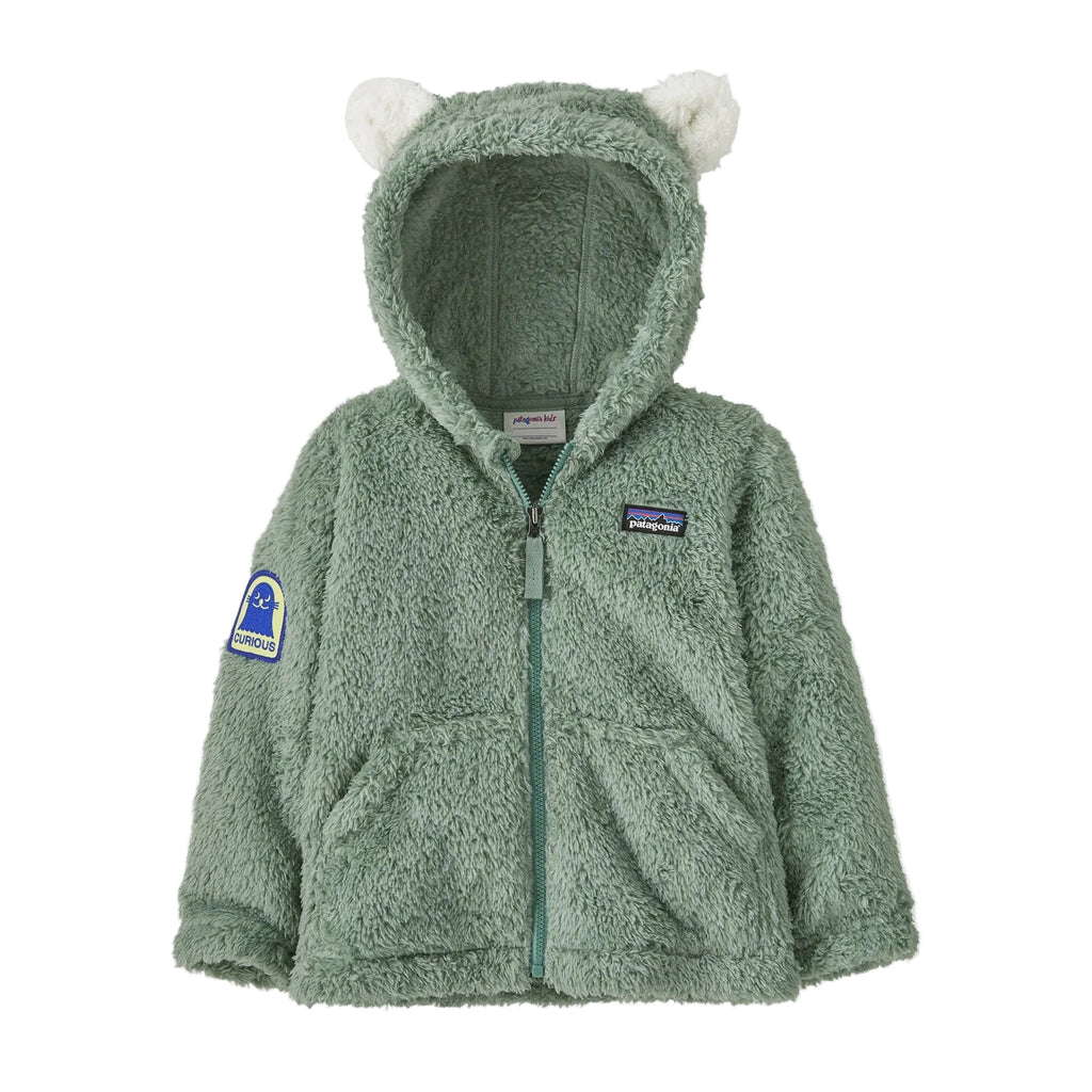 Patagonia Baby Furry Friends Hoody in Curious Seal Patch Cover Green front view