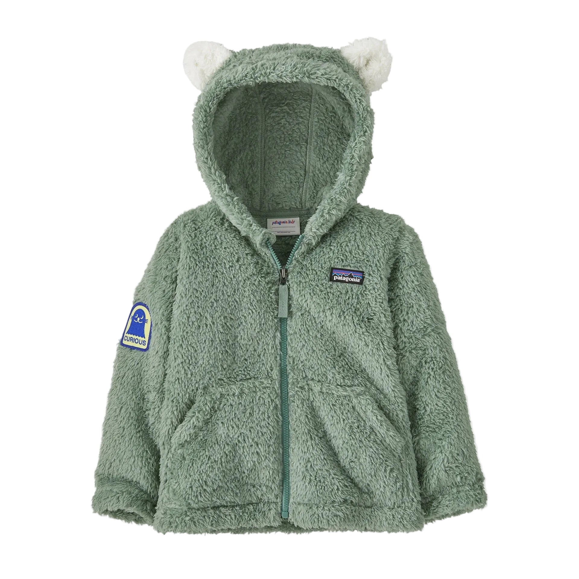 Patagonia Baby Furry Friends Hoody in Curious Seal Patch Cover Green front view