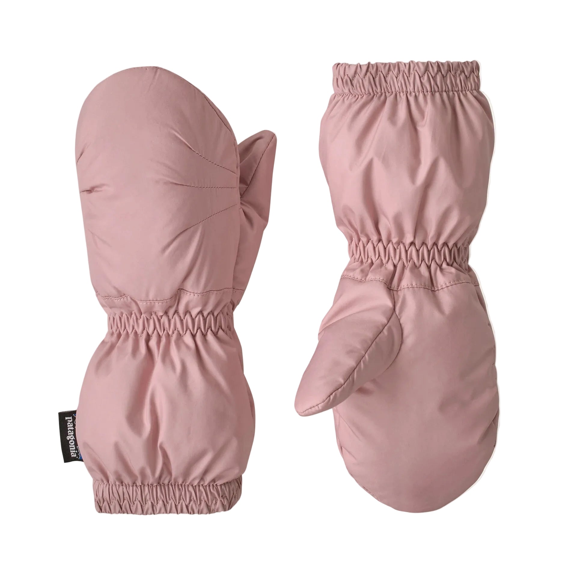 Patagonia Baby Puff Mitts in Fuzzy Mauve front and back view