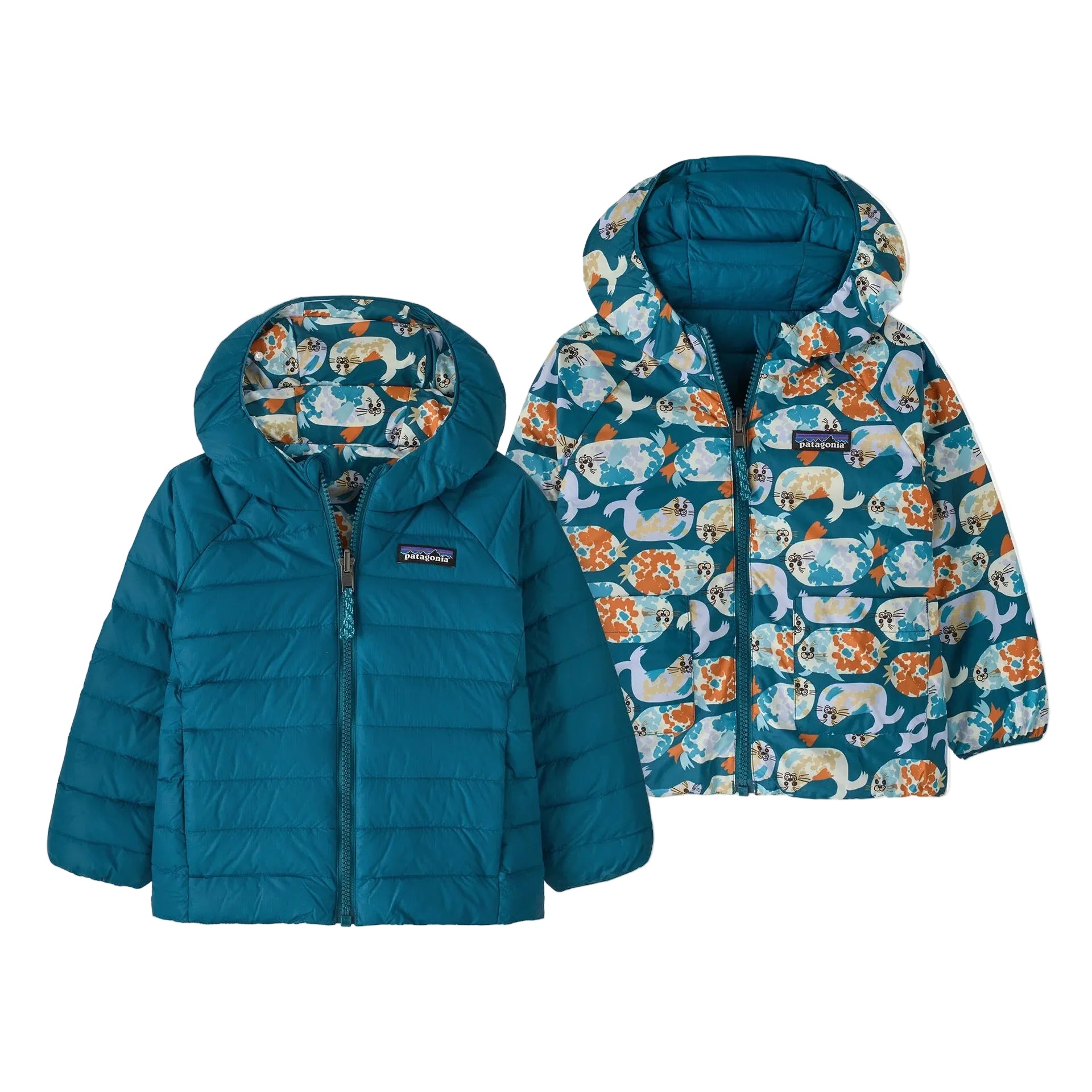 Patagonia Baby Reversible Down Sweater Hoody in Blubby Glacial Blue front view
