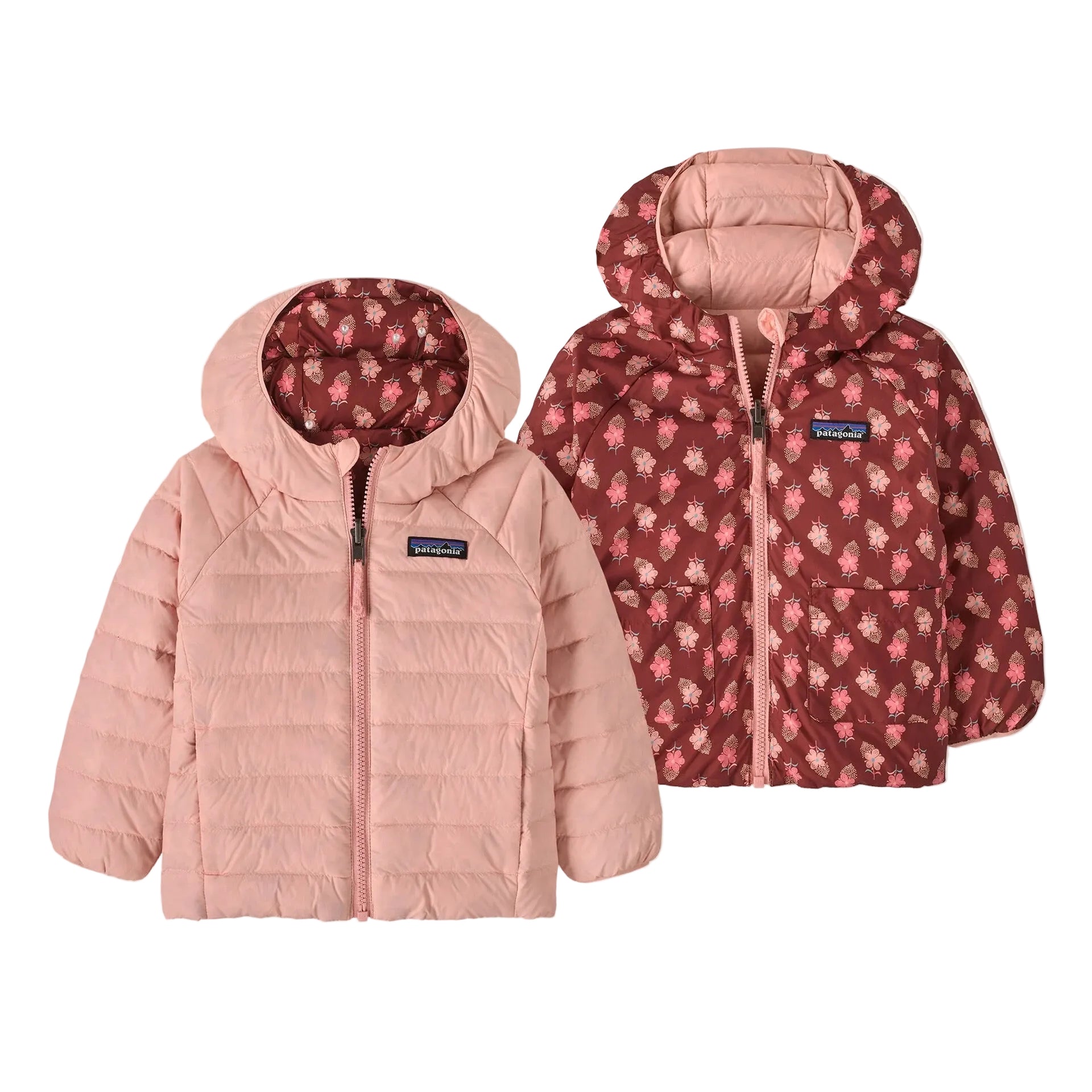 Patagonia Baby Reversible Down Sweater Hoody in Snow Ditsy Rusty Red front view
