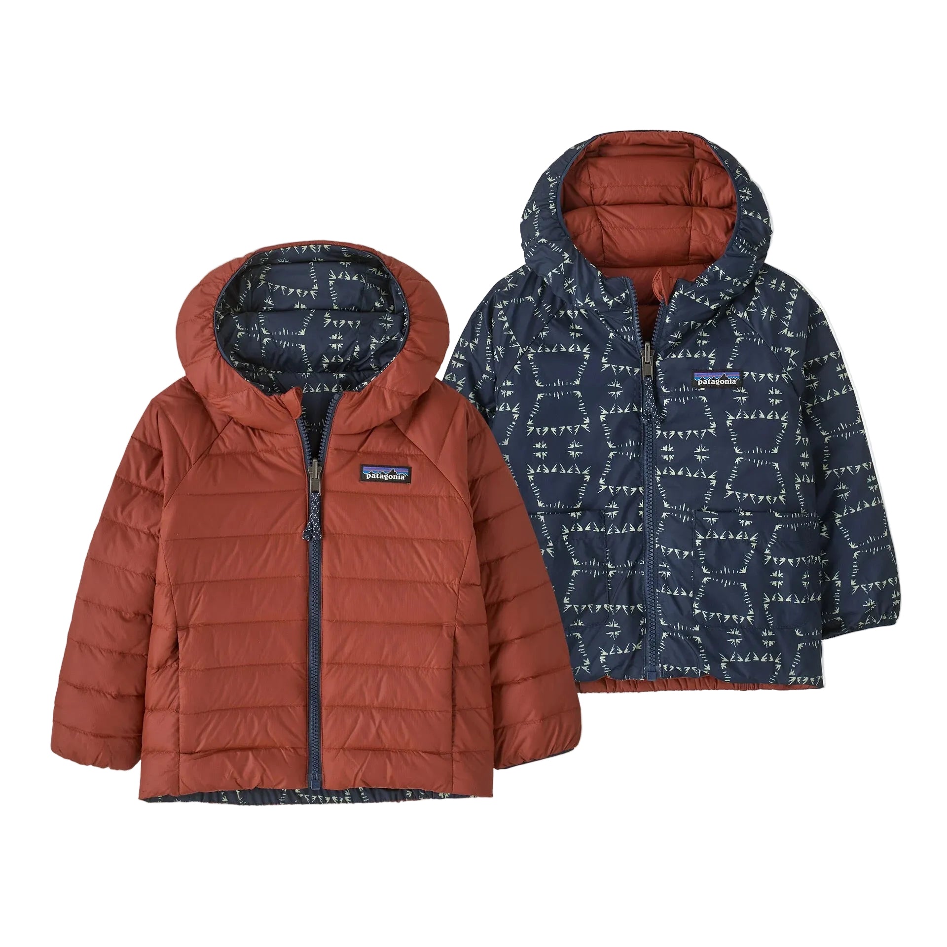 Patagonia Baby Reversible Down Sweater Hoody in Snowshoe Hare New Navy front view