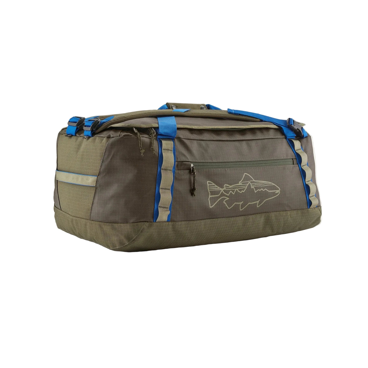 Patagonia Black Hole Duffel 55L in Basin Green with Fitz Trout