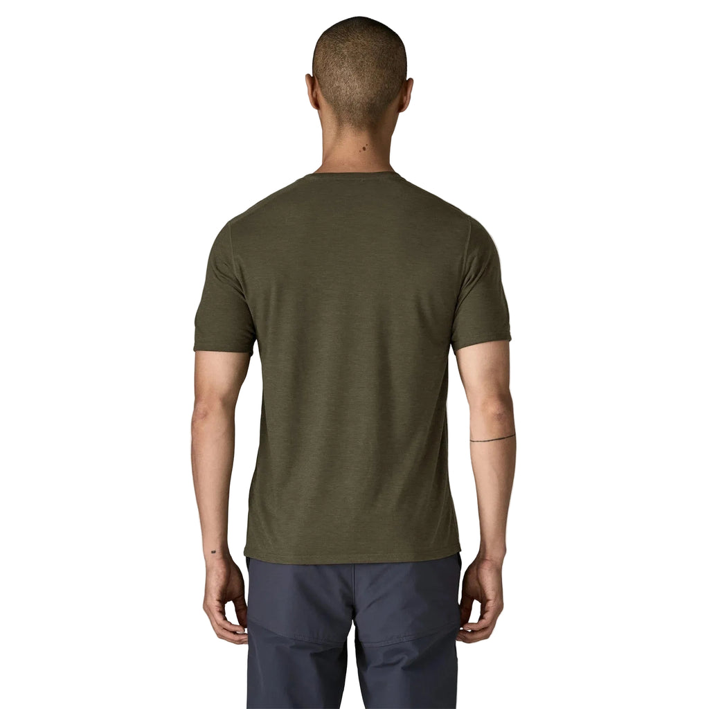 Back view of Patagonia Capilene Cool Trail Shirt in Basin Green breathable performance fabric