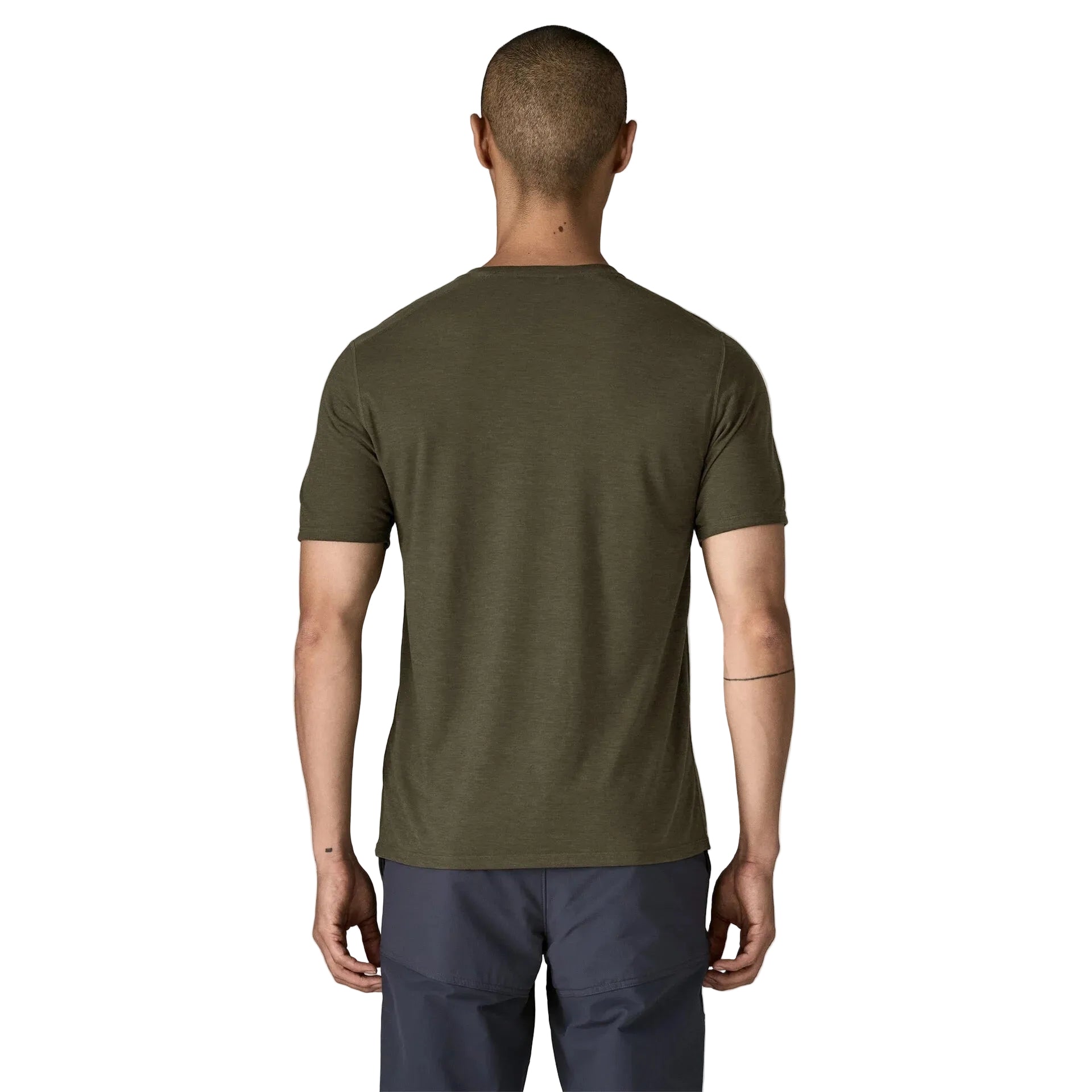 Back view of Patagonia Capilene Cool Trail Shirt in Basin Green breathable performance fabric